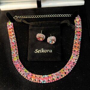 Choker Necklace Earrings Jewelry Set Zirconia Spark Multi color with Gift Box